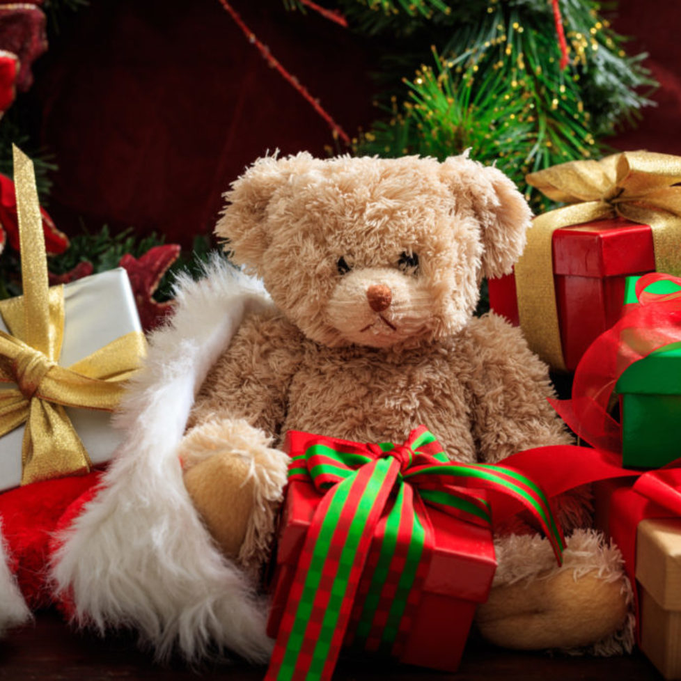 Christmas decoration, teddy bear and gifts